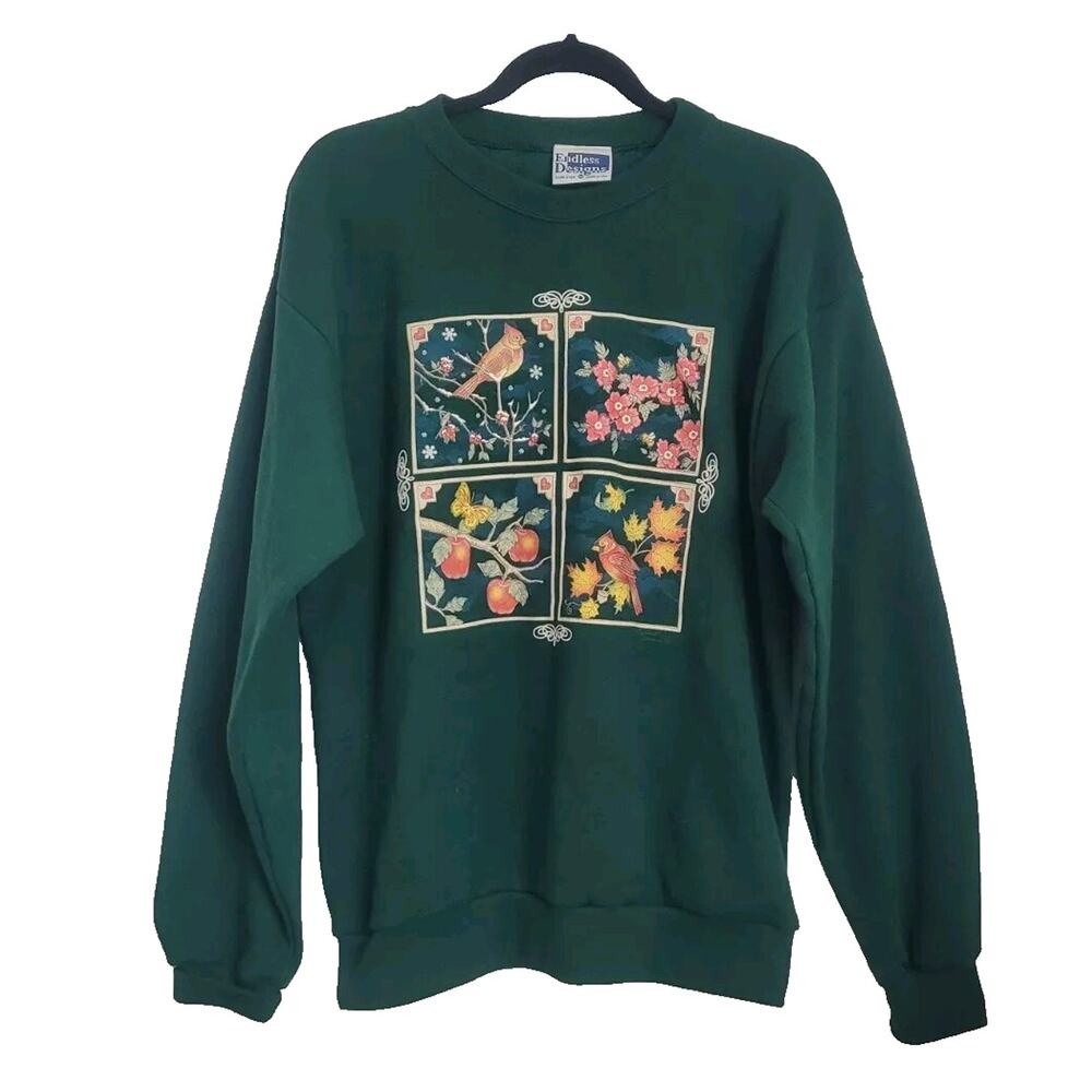 Vintage Fall Harvest Print Crewneck Sweater Size M Forest Green Granny Grandma